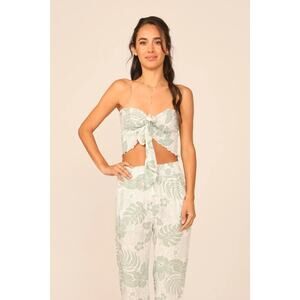 Ocean Drive Sage Hawaiian Print Rayon Smocked Tie Front Crop Top